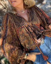 Load image into Gallery viewer, THALASSA BLOUSE WITH XL BELL SLEEVES / chocolate brown, caramel print and golden thread