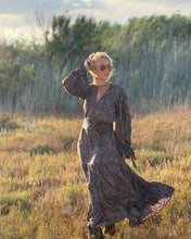Load image into Gallery viewer, NOMAD MAXI DRESS/ earthy colors with purple paisley print and metallic thread