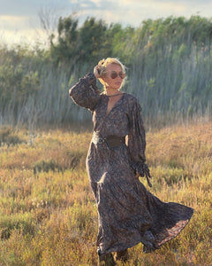 NOMAD MAXI DRESS/ earthy colors with purple paisley print and metallic thread