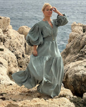 Load image into Gallery viewer, BOHOSOUL MAXI DRESS with 6 mtrs volant/ otganic cotton in sage