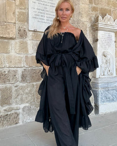 MUSE LONG KIMONO/ PONCHO WITH RUFFLES / black cotton voile