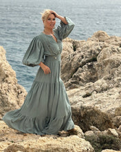 Load image into Gallery viewer, BOHOSOUL MAXI DRESS with 6 mtrs volant/ otganic cotton in sage