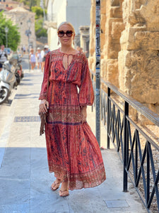 BOHOSOUL MAXI DRESS/ brick red+burgundy paisley print woth metallic thread