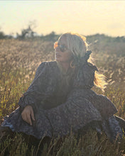 Load image into Gallery viewer, NOMAD MAXI DRESS/ earthy colors with purple paisley print and metallic thread