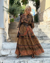 Load image into Gallery viewer, DREAM MAXI DRESS/ chocolate brown and caramel print with golden thread