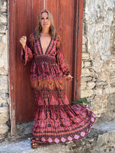 Load image into Gallery viewer, HIPPIE MAXI DRESS/burgundy red paisley print with metallic thread