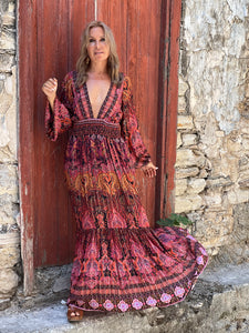 HIPPIE MAXI DRESS/burgundy red paisley print with metallic thread