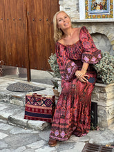 Load image into Gallery viewer, BELLA MAXI DRESS/ burgundy and red paisley print with metallic thread