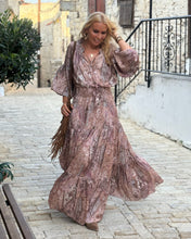 Load image into Gallery viewer, YASMINE MAXI DRESS/ cafe latte beige print silk with elastane