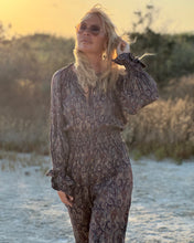 Load image into Gallery viewer, GLOW JUMPSUIT/ earthy and purple painsley print with metallic thread