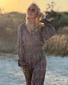 GLOW JUMPSUIT/ earthy and purple painsley print with metallic thread