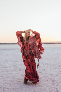 MUSE SHORT KIMONO /PONCHO / brick red oriental print