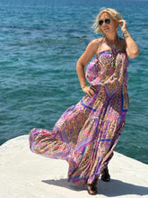 Load image into Gallery viewer, JOY MAXI DRESS with low waist and 6 mtrs volant/ blue orchid oriental print
