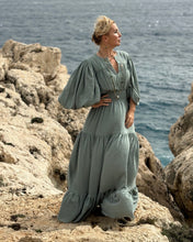 Load image into Gallery viewer, BOHOSOUL MAXI DRESS with 6 mtrs volant/ otganic cotton in sage