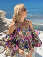 Load image into Gallery viewer, BUTTERFLY BLOUSE with ruffles/ gloral print pink +lilac