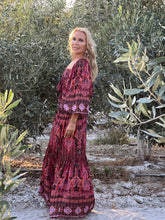 Load image into Gallery viewer, BELLA MAXI DRESS/ burgundy and red paisley print with metallic thread