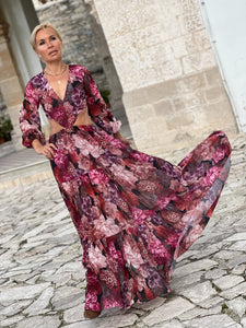 NUSA MAXI DRESS/ red and pink floral chiffon