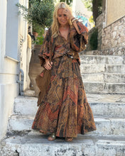 Load image into Gallery viewer, GYPSETTE MAXI SKIRT WITH 6 mtrs ruffle/ chocolate brown and caramel print with golden thread