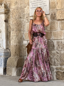 KARIATIDE MAXI DRESS/ Rasberry and Choco: pink and chocolate brown silk