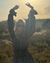Load image into Gallery viewer, NOMAD MAXI DRESS/ earthy colors with purple paisley print and metallic thread
