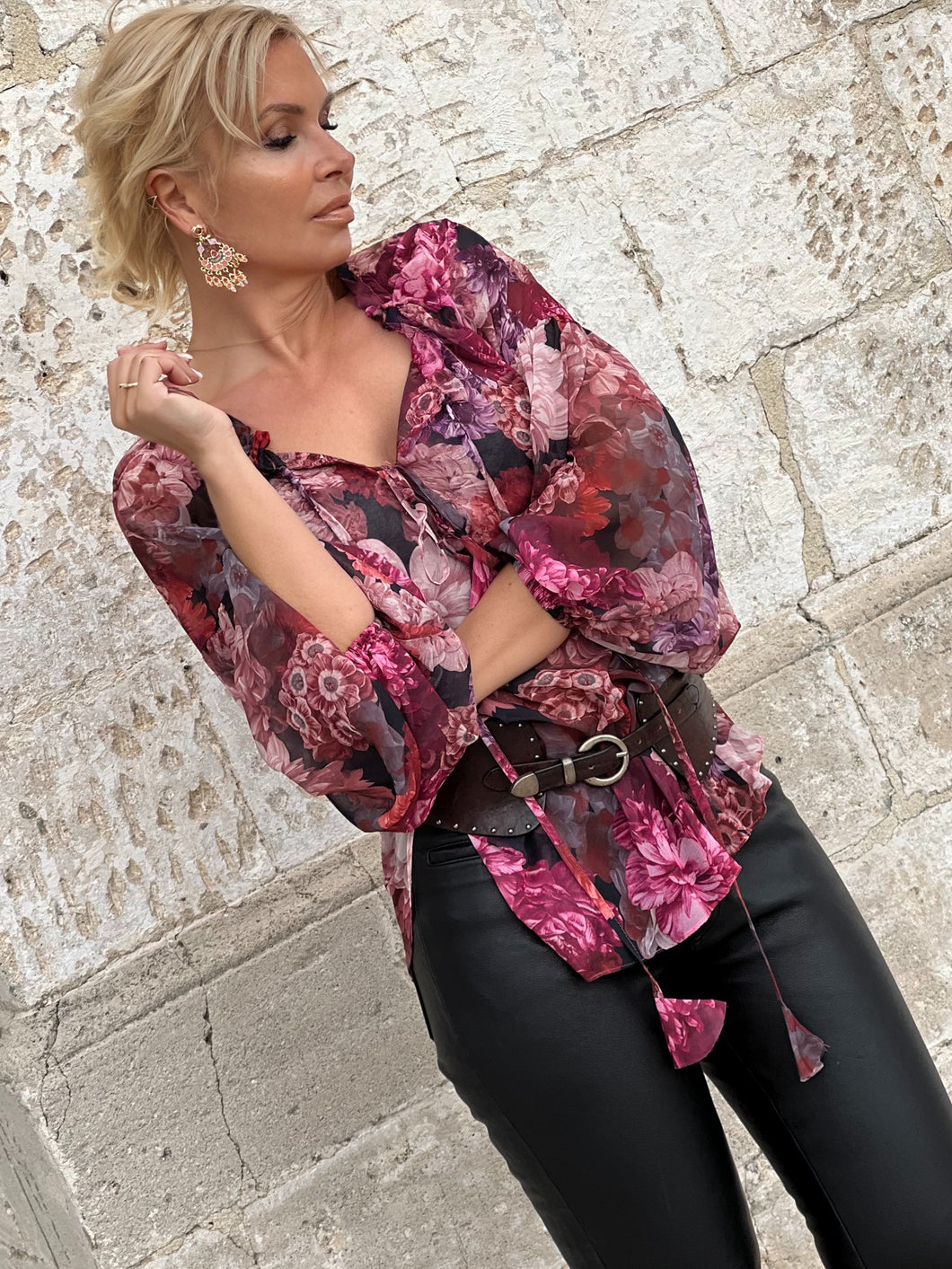 YASMINE BLOUSE / red and pink floral chiffon