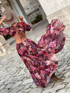 NUSA MAXI DRESS/ red and pink floral chiffon