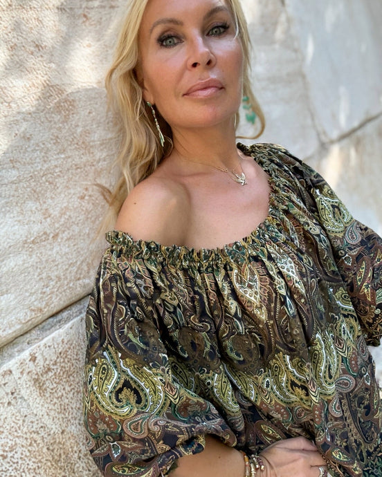 CARMEN BLOUSE/ green and olive green paisley print