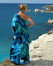 Load image into Gallery viewer, ATHENA MAXI DRESS ONE SHOULDER/ dark turquoise and blue xl flowers