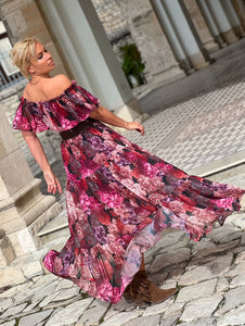 FLAMENCO MAXI DRESS/ red and pink floral chiffon