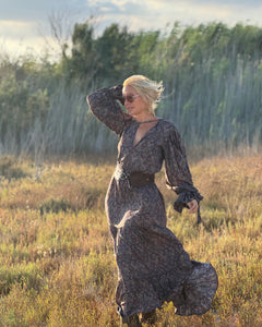 NOMAD MAXI DRESS/ earthy colors with purple paisley print and metallic thread