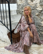 Load image into Gallery viewer, YASMINE MAXI DRESS/ cafe latte beige print silk with elastane