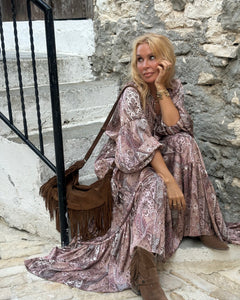 YASMINE MAXI DRESS/ cafe latte beige print silk with elastane