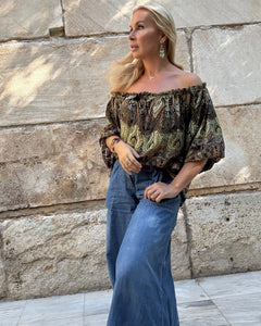CARMEN BLOUSE/ green and olive green paisley print