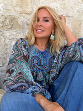 Load image into Gallery viewer, THALASSA BLOUSE/ blue and chocolate brown paisley