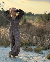 Load image into Gallery viewer, GLOW JUMPSUIT/ earthy and purple painsley print with metallic thread