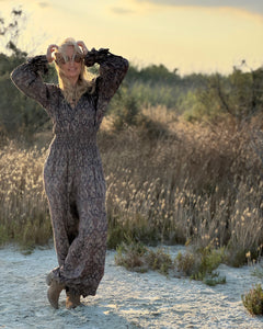 GLOW JUMPSUIT/ earthy and purple painsley print with metallic thread