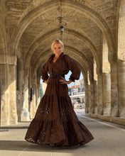 Load image into Gallery viewer, YASMINE MAXI DRESS/ chocolate brown bold lace