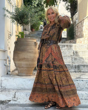 Load image into Gallery viewer, DREAM MAXI DRESS/ chocolate brown and caramel print with golden thread