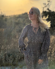 Load image into Gallery viewer, GLOW JUMPSUIT/ earthy and purple painsley print with metallic thread