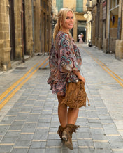 Load image into Gallery viewer, RUFFLE SHORT SKIRT/ burgundy, brown, turquoise paisy