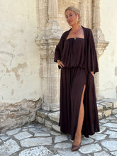 Load image into Gallery viewer, 6 STRAPLESS MAXI DRESS/ chocolate brown linen jersey