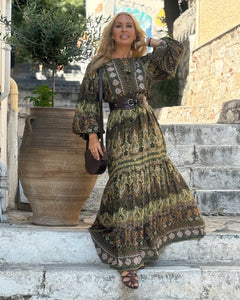 NOMAD MAXI DRESS/ green and olive green paisley print