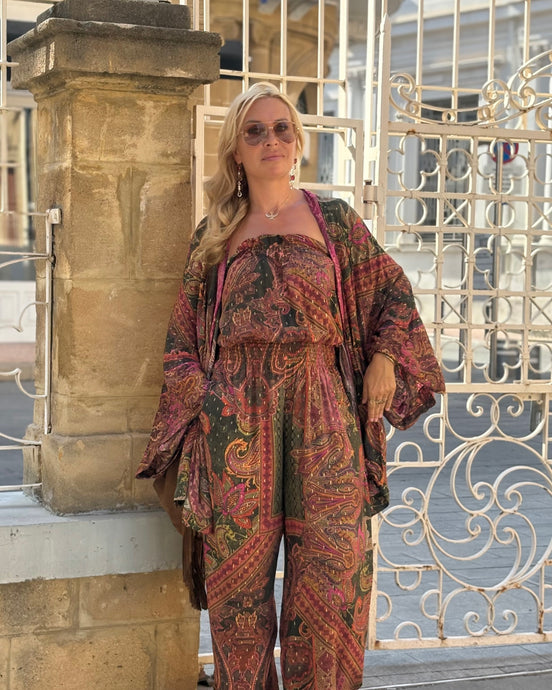 LUNA JUMPSUIT / tourmaline print with golden thread