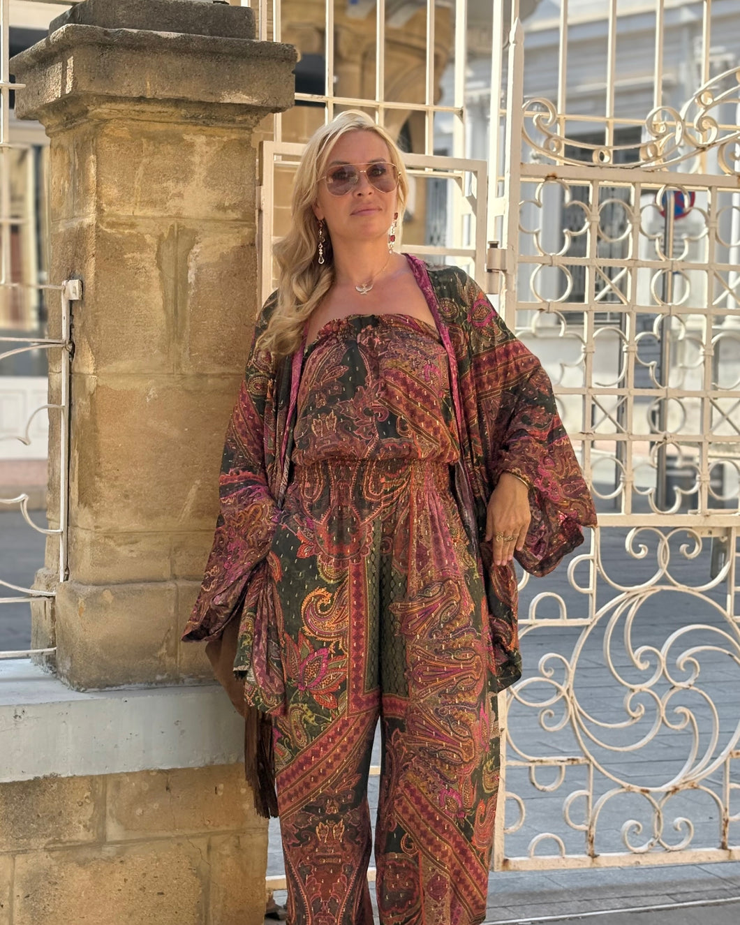 LUNA JUMPSUIT / tourmaline print with golden thread