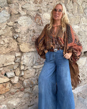 Load image into Gallery viewer, THALASSA BLOUSE WITH XL BELL SLEEVES / chocolate brown, caramel print and golden thread