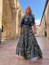 Load image into Gallery viewer, GYPSETTE MAXI SKIRT WITH 6 mtrs ruffle / chocolate brown and blue paisley