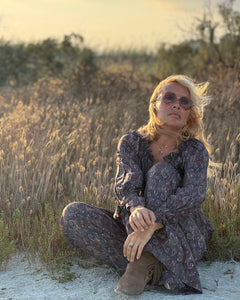 GLOW JUMPSUIT/ earthy and purple painsley print with metallic thread