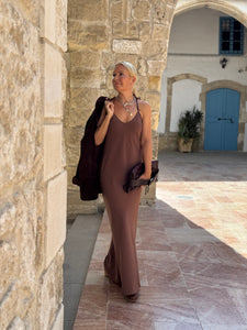 SLIP MAXI DRESS/ milk chocolate brown crepe satin