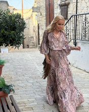Load image into Gallery viewer, YASMINE MAXI DRESS/ cafe latte beige print silk with elastane