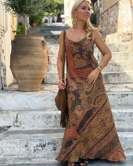 SLIP MAXI DRESS/ chocolate brown and caramel print with golden thread